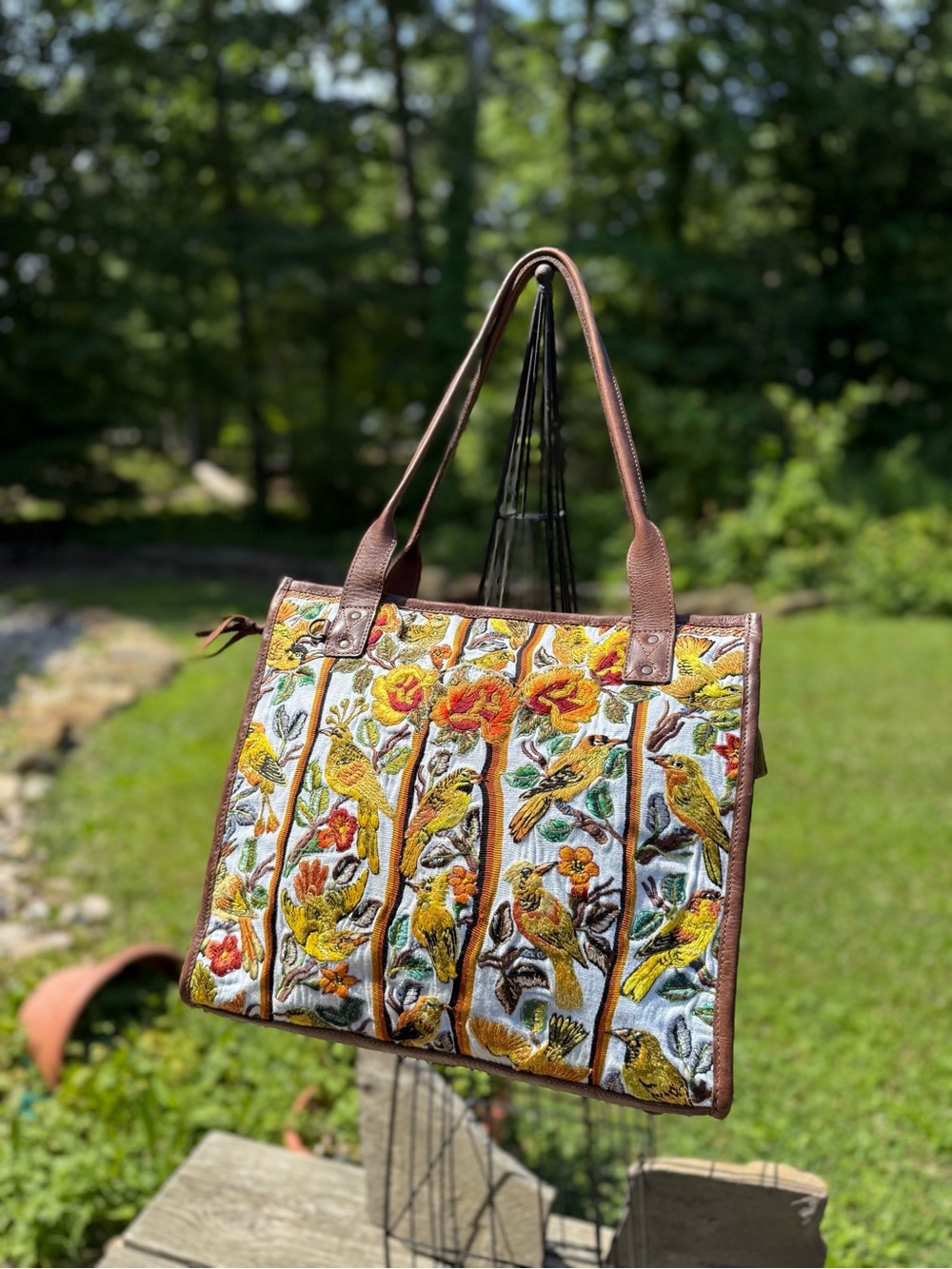 Embroidered Bird Motif Tote Bag in Yellow and Brown